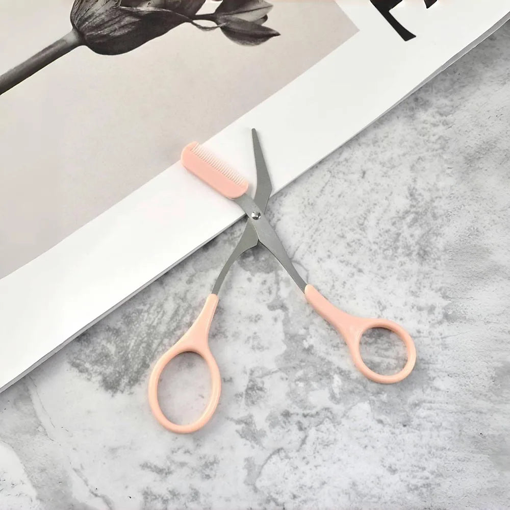 Ciseaux Sourcils Inox avec Peigne Intégré – Taille Précise & Sourcils Parfaits | Rose, Blanc & Noir | Outil Beauté Grooming