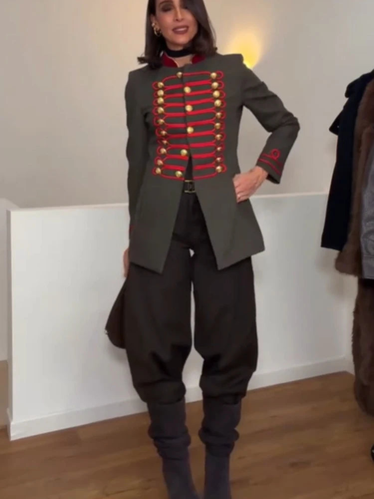 Veste Courte Femme Style Militaire Napoléon Vert Kaki Col Droit Boutonnage Simple – Chic Rétro High Street