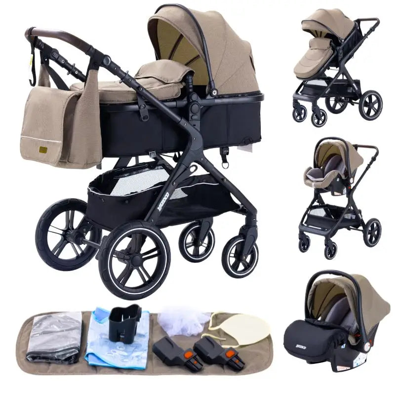 Poussette Bébé 3 en 1 Luxe Pliable Noire – Cadre Aluminium, Haute Vue, Nacelle & Siège | Voyage Nouveau-Né & Nourrisson