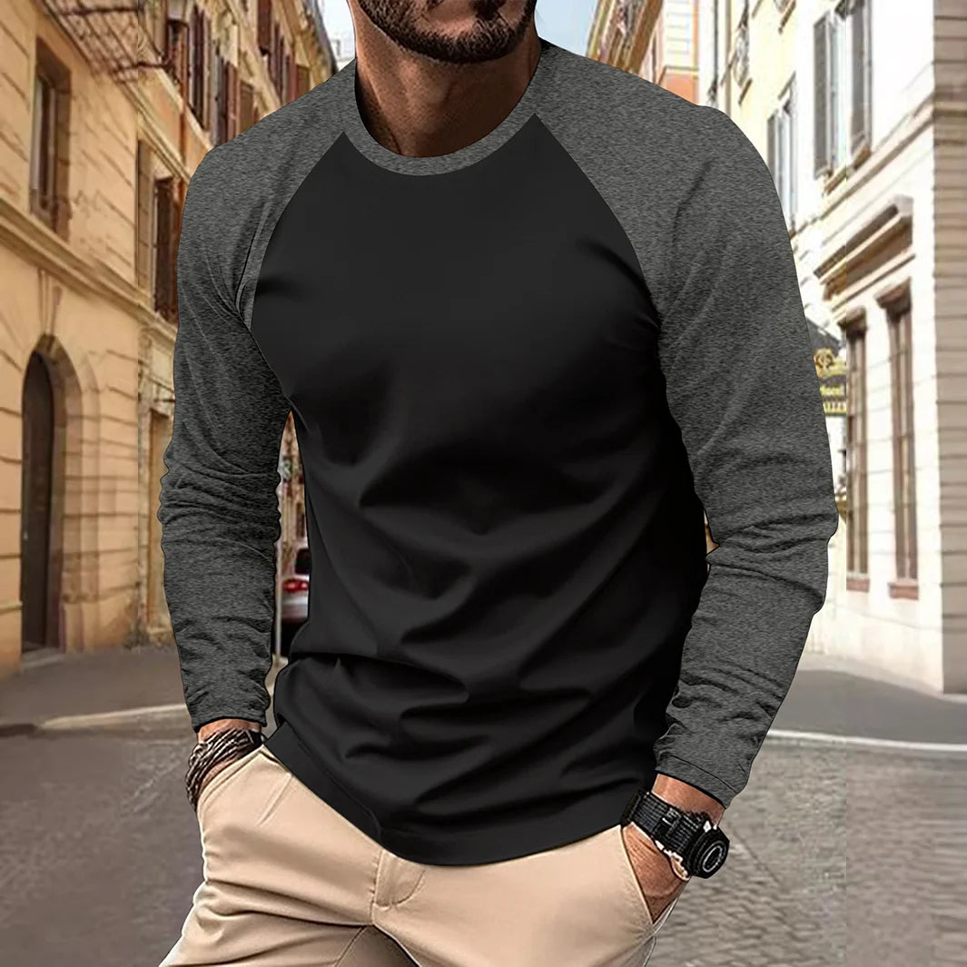 T-Shirt Homme Manches Longues Col Rond Patchwork Bicolore Raglan Casual – Tendance Printemps Automne Confortable | Mode Homme Streetwear