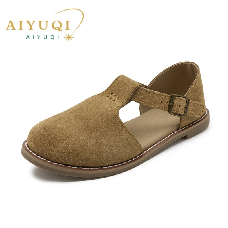 AIYUQI Sandales Cuir Véritable Retro Givré Baotou Romain 2026 – Hollow Flat Femme