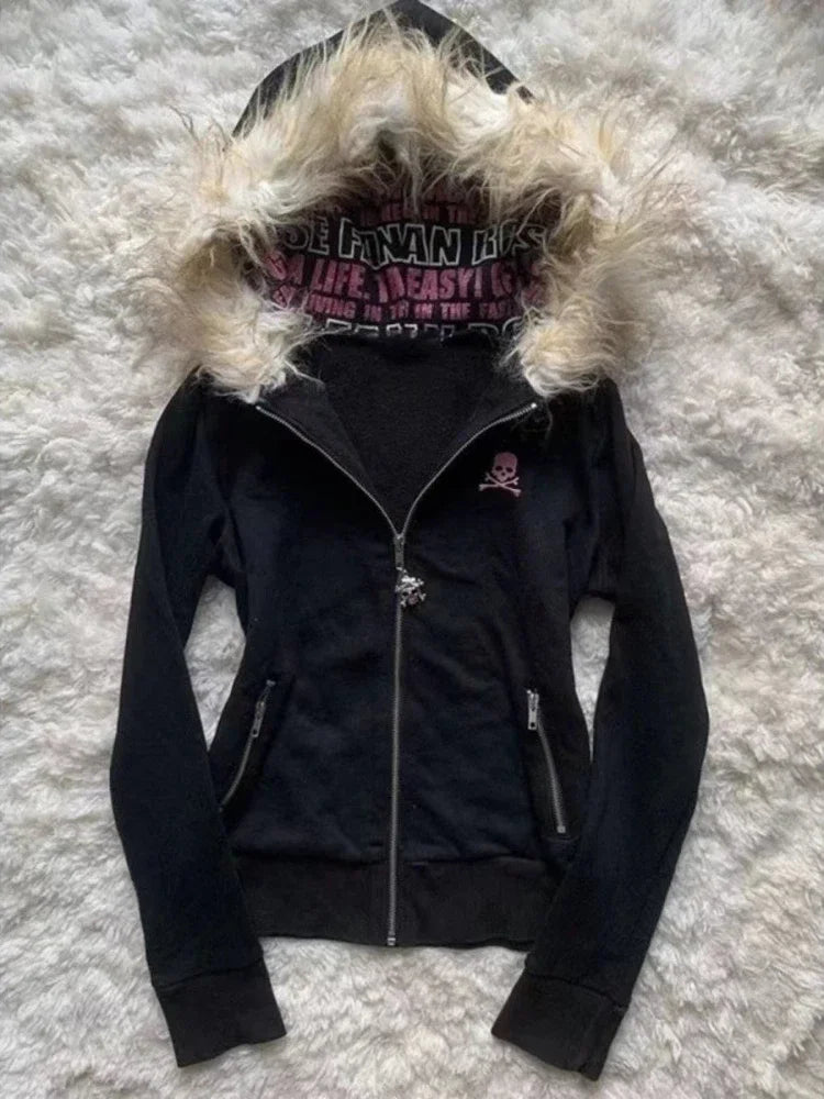 Sweat à Capuche Femme Fourrure Synthétique Rose Vintage Américain Y2K Harajuku Col Fausse Fourrure Slim Centuré – Veste Tendance Hot Girl | Mode