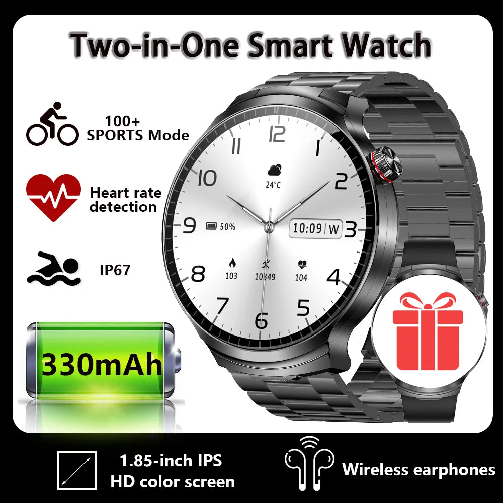 Smartwatch 2-en-1 + Écouteurs TWS Bluetooth – Écran HD 1.85" IP67 Étanche | 100+ Sports | Appels & Suivi Fitness