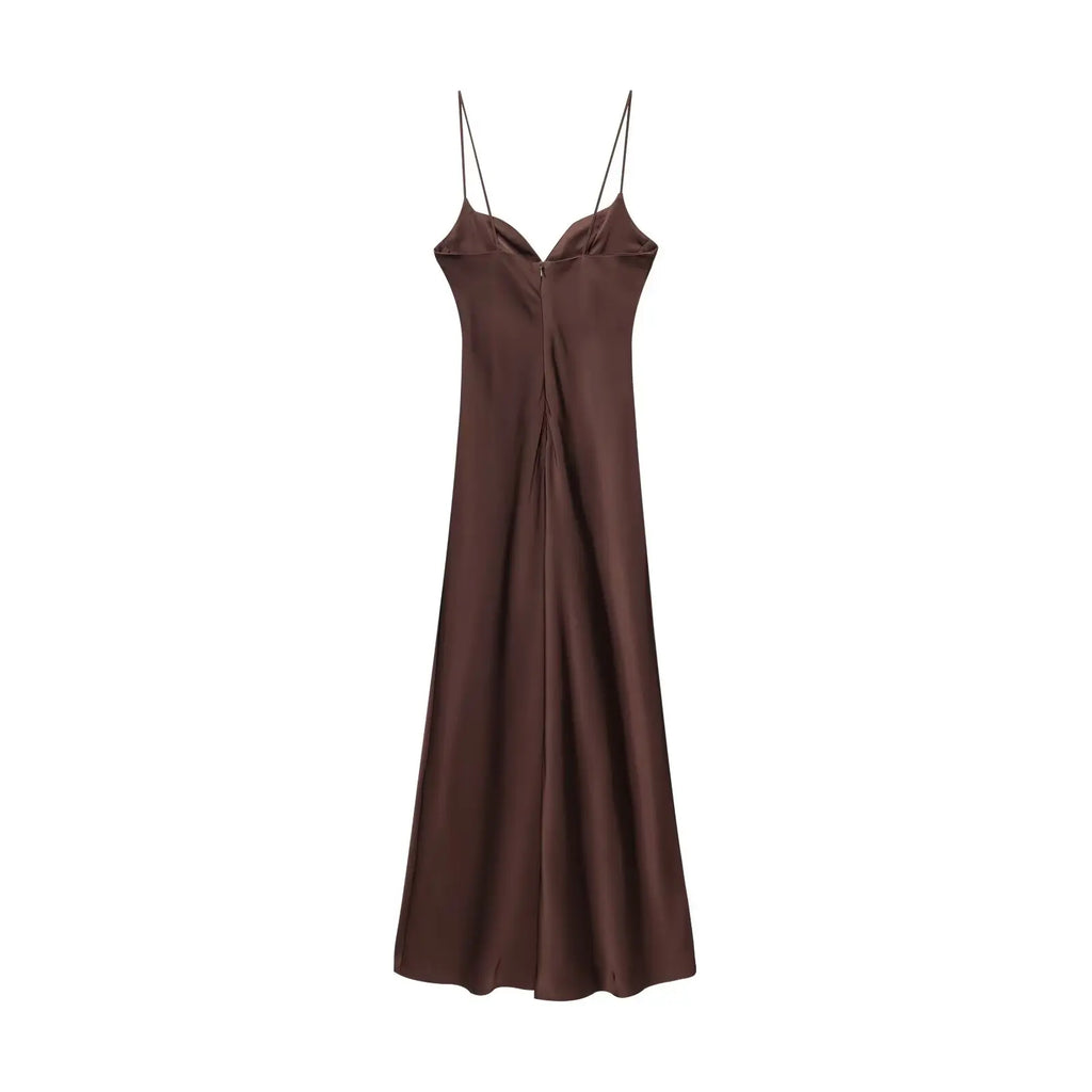 Robe Longue Femme Satin Rouge Col V Bretelles Sans Manches – Fermeture Dos Zip Élégante | HH Été 2025