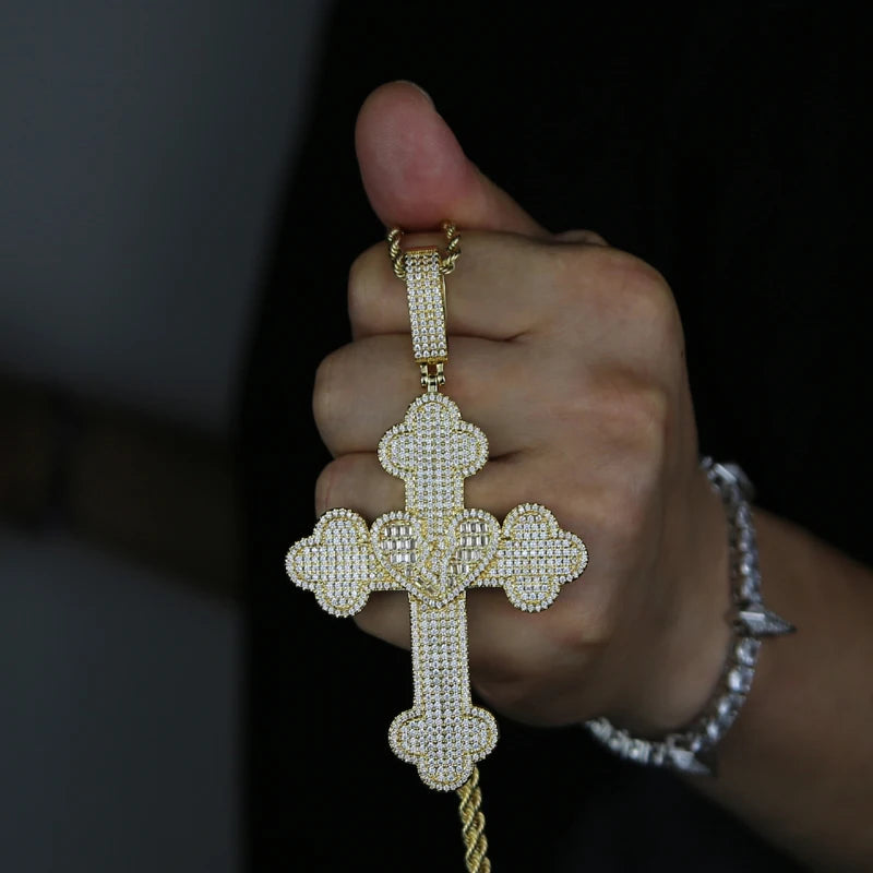 Collier Pendentif Hip Hop Bling 5A CZ Pavé Croix & Cœur Glacé – Chaîne Cuban Link, Tennis & Corde | Bijou Homme Rapper Streetwear Premium