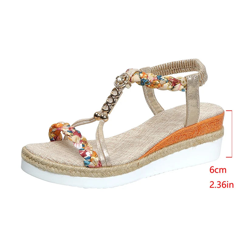 Sandales T-Strap Wedge Mix Color Femme – Bande Élastique Plateforme Bout Ouvert Été
