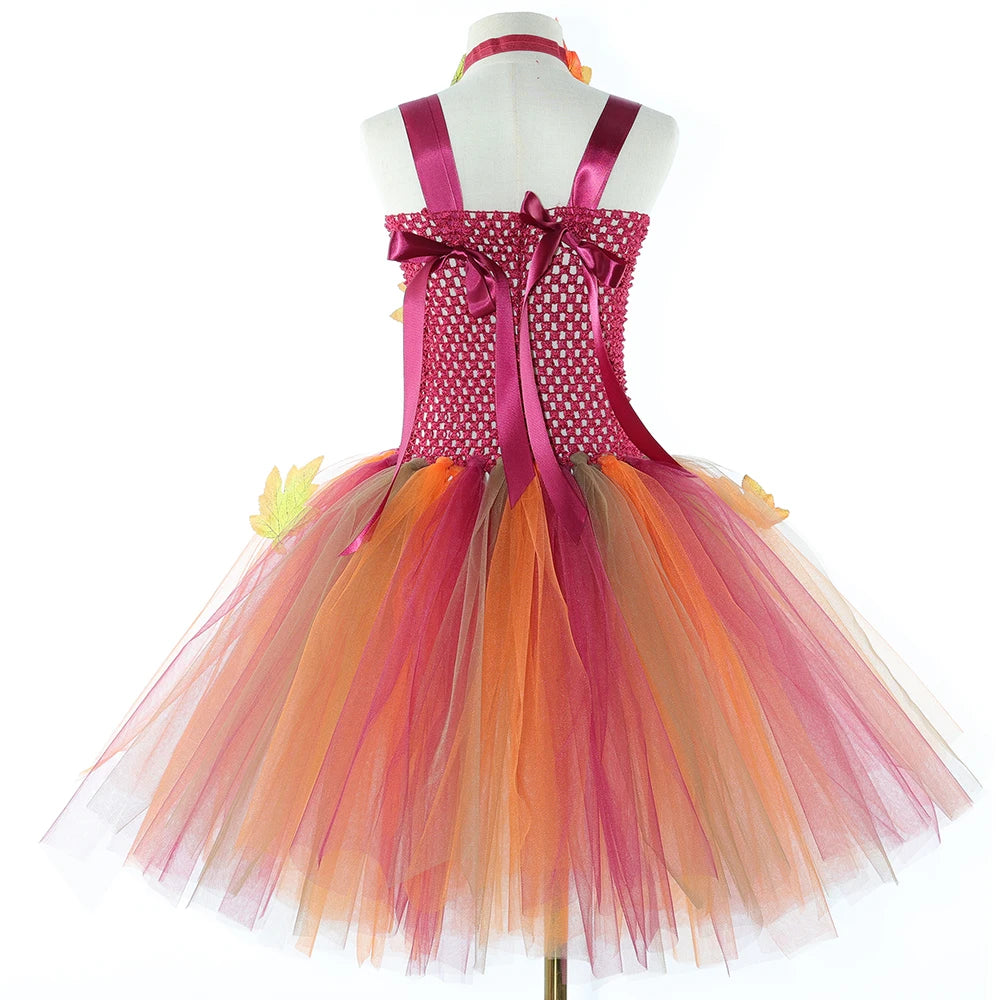 Déguisement Fée des Forêts Fille – Robe Elfe Princesse Feuilles d'Automne avec Ailes Halloween Noël