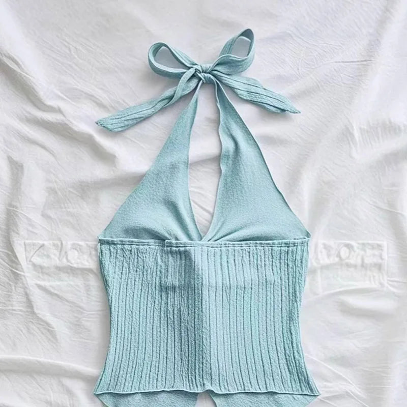 Crop Top Halter Y2K Jaune Col V Sans Dos - Streetwear Sexy Femme Été