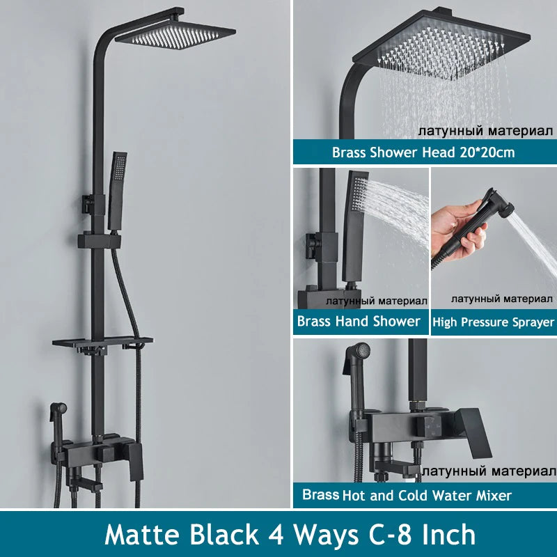 Shinesia Système Douche Pluie Mural – Noir & Chrome, 3 ou 4 Voies, Mitigeur Eau Chaude & Froide | Salle de Bain