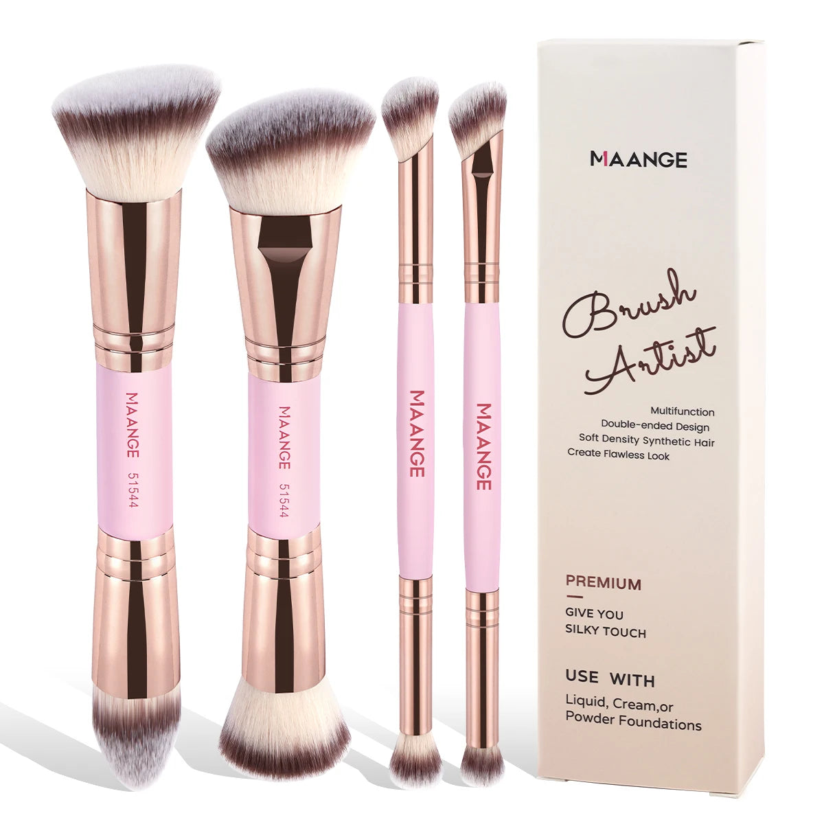 Set 4 Pinceaux Maquillage MAANGE Double Embout – Fond de Teint, Poudre & Fards | Boîte Voyage Débutante