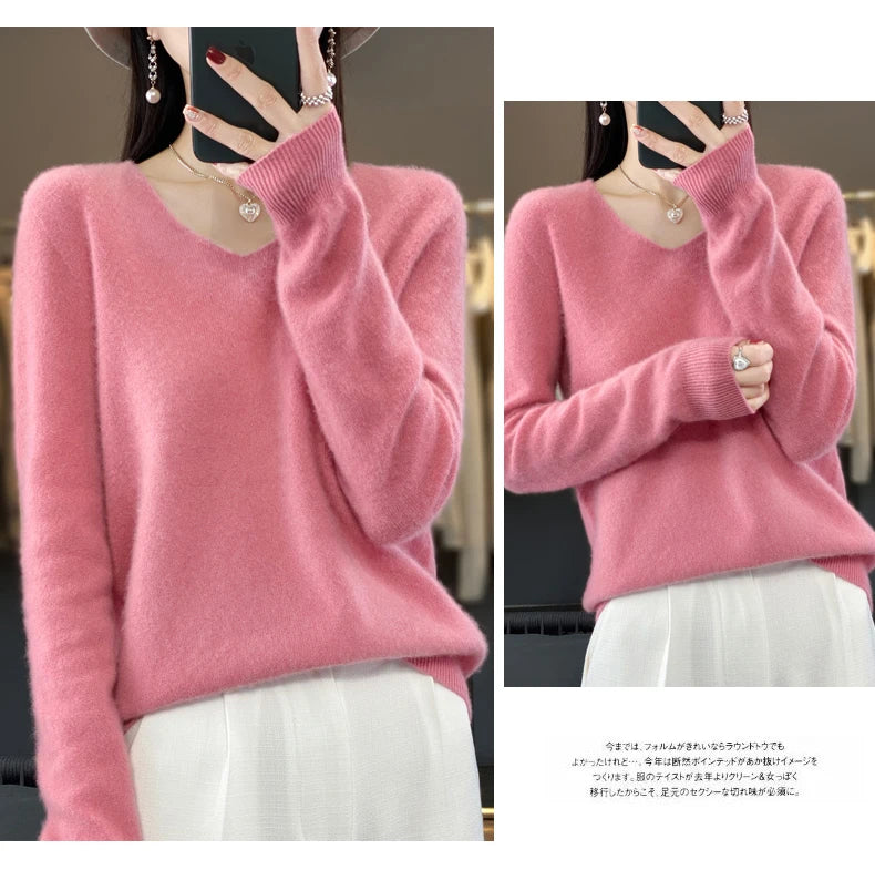 Kaschmirpullover 100% Wolle V-Ausschnitt Damen - Strick Casual Korean Fashion Herbst Winter