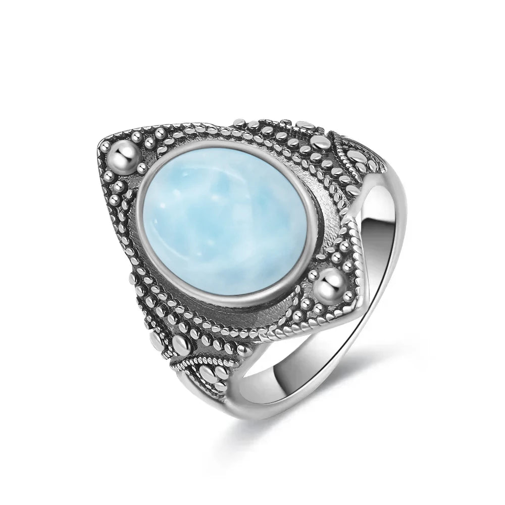 Bague Argent 925 Pierre Larimar Naturelle Vintage – Forme Fleur Ronde Bleu Ciel & Eau de Mer | Bijou Fin Unisexe Pierre Rare des Caraïbes & Cadeau Premium