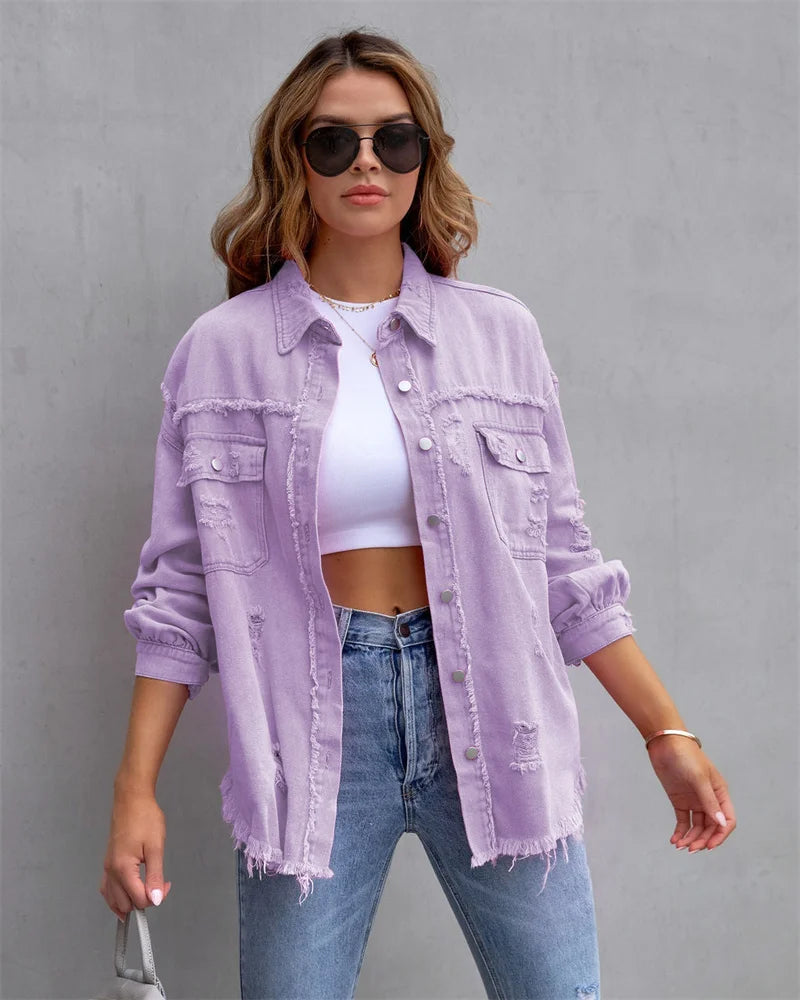 Veste en Jean Femme Bords Bruts Troués – Style Chemise Casual | Printemps Automne Tendance 2025