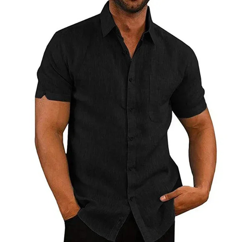 Chemise Homme Lin Coton Été Manches Courtes Casual Uni Col Rabattu Formelle Plage Légère Respirante – Chemise Casual Chic Tendance | Mode Homme Premium