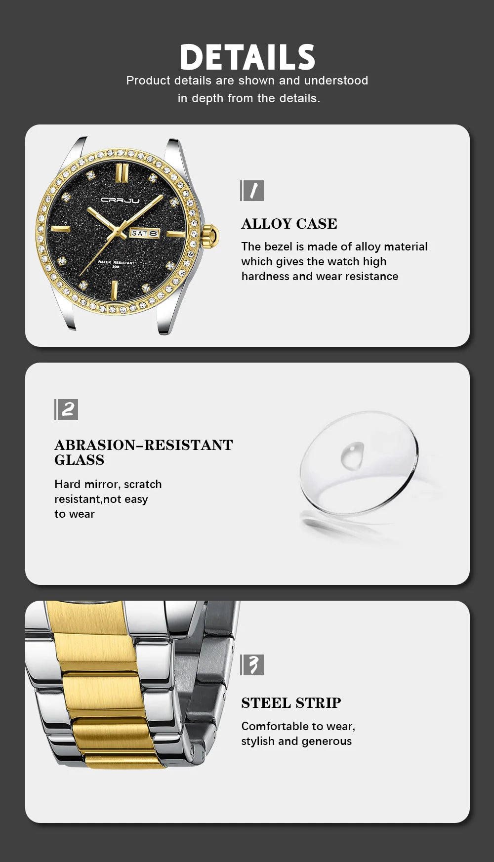 Montre Homme CRRJU Moissanite Diamant Luxe Cadran Doré Acier Inoxydable Lumineux Élégante Premium | Montre CRRJU Moissanite Diamant Luxe Premium