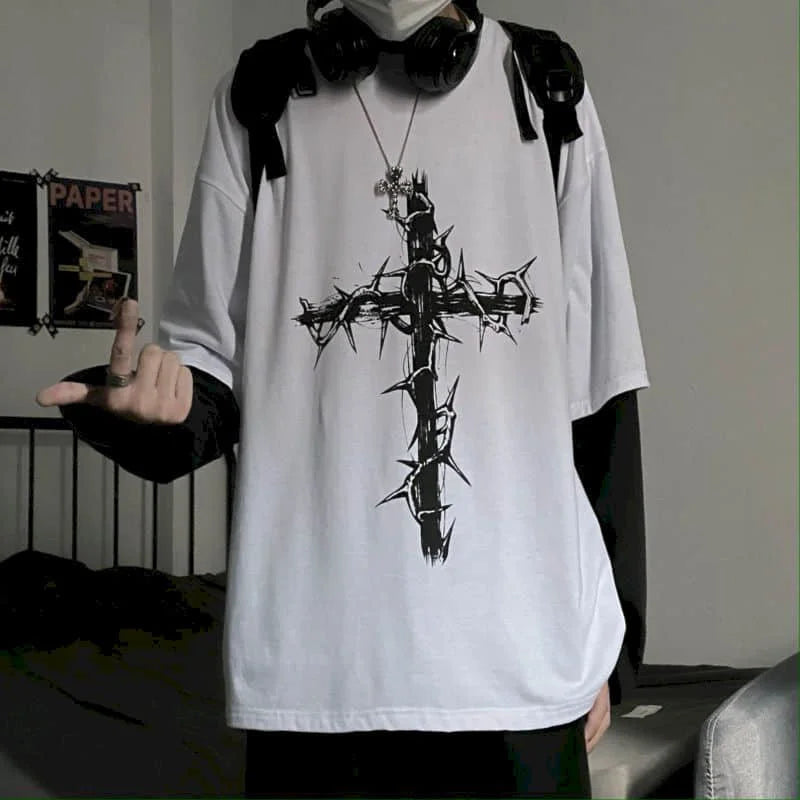 T-Shirt Homme Oversize Manches Longues Croix d'Épines Dark Hip-Hop Y2K Gothic Streetwear Été Tendance – Tee Graphique Dark Aesthetic Unisexe | Mode Streetwear Premium