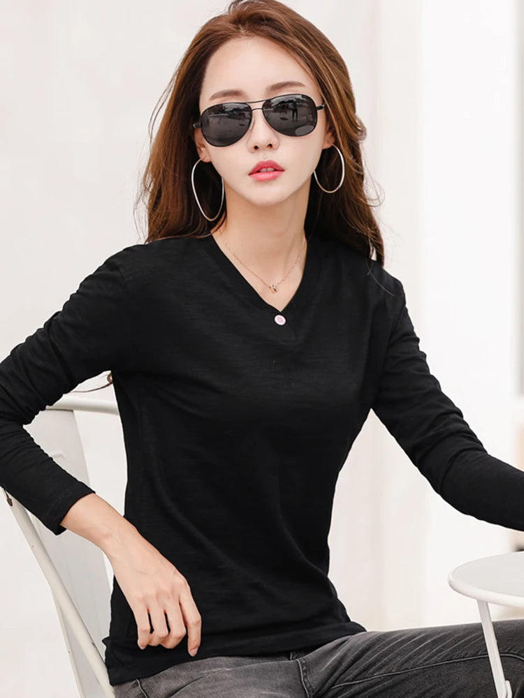 T-Shirt Coton Slub Manches Longues Col V Boutons - Style Korean Loose Casual Printemps