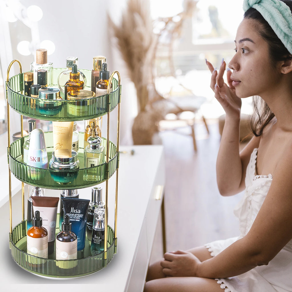 Organisateur Maquillage Rotatif 3 Niveaux Transparent – Grande Capacité | Skincare, Parfums & Cosmétiques | Coiffeuse & Plan de Travail