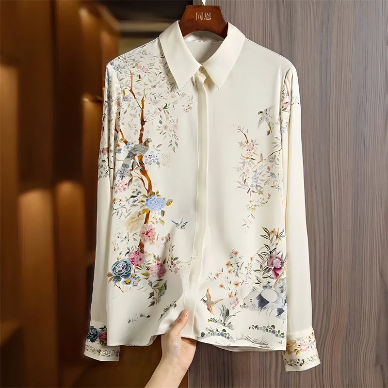 Chemisier Femme Vintage Imprimé Luxe Manches Longues Slim Élégant – Blouse Casual Chic | Automne S-3XL
