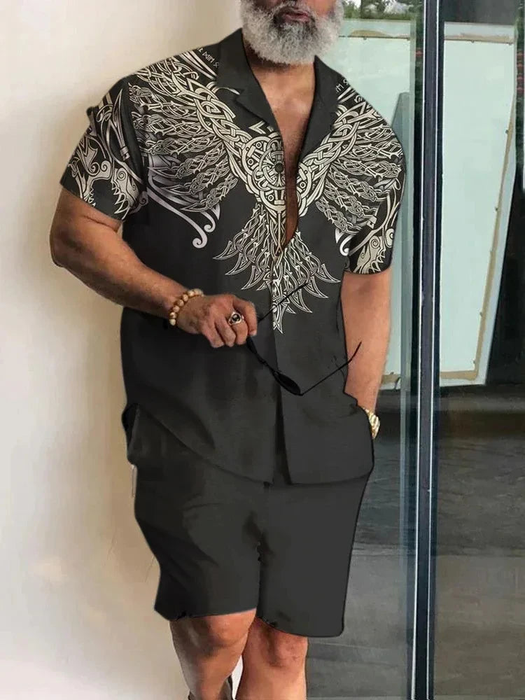 Ensemble 2 Pièces Homme Chemise Hawaïenne Manches Courtes + Short À Cordon Été Vacances Resort | Set Hawaii Premium