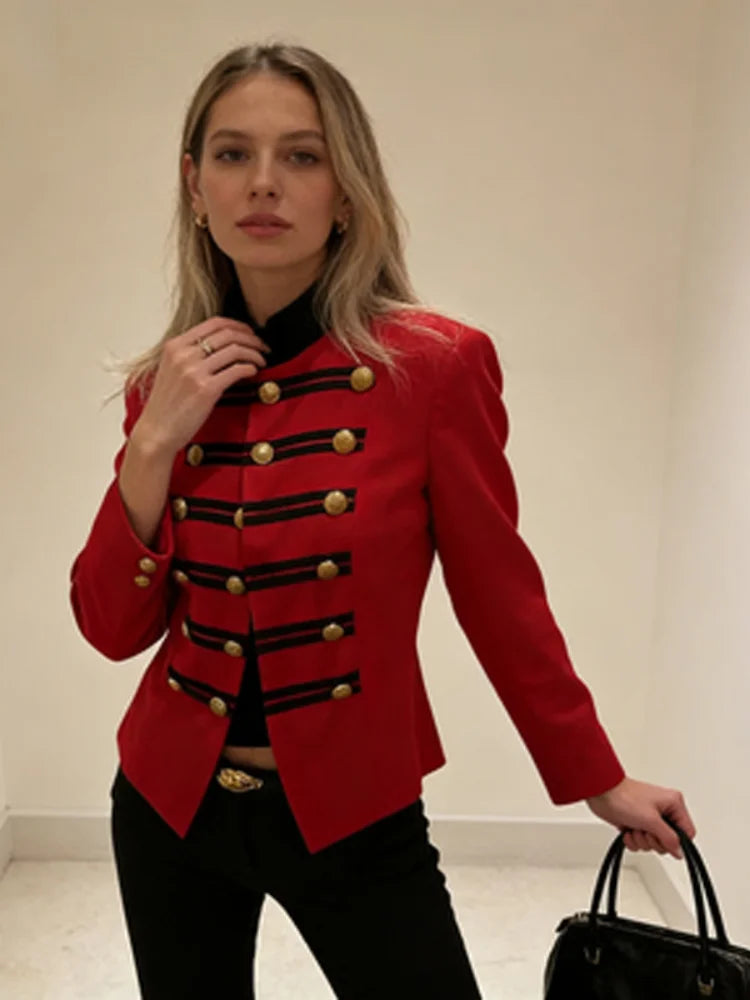 Veste Courte Femme Style Militaire Napoléon Vert Kaki Col Droit Boutonnage Simple – Chic Rétro High Street
