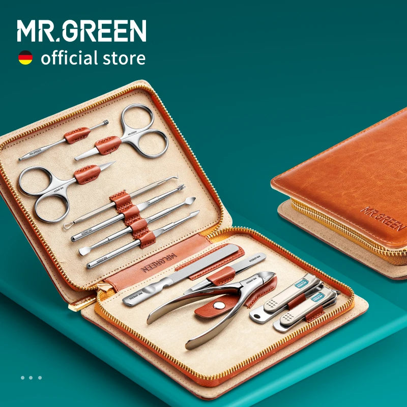 MR.GREEN Kit Manucure & Pédicure 12 en 1 Professionnel – Acier Inoxydable, Coffret Cuir Portable | Cadeau Idéal Femme & Homme