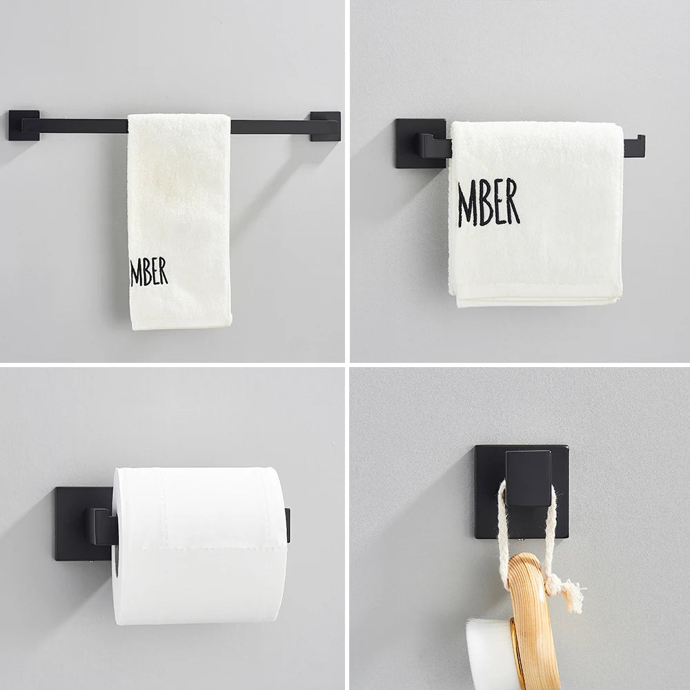 Set Accessoires Salle de Bain Inox – Porte-Serviettes, Porte-Papier & Crochet | Noir & Or Mural