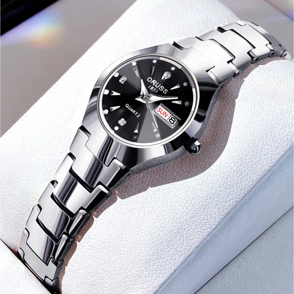ORUSS Damen Armbanduhr Business Casual Luxus Edelstahl Quarz Datum Tag Wasserdicht 30M – Elegant Fashion