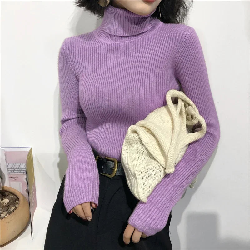 Pull Col Roulé Femme Tricot Doux – Jumper Cachemire Basique Uni | Automne Hiver Casual