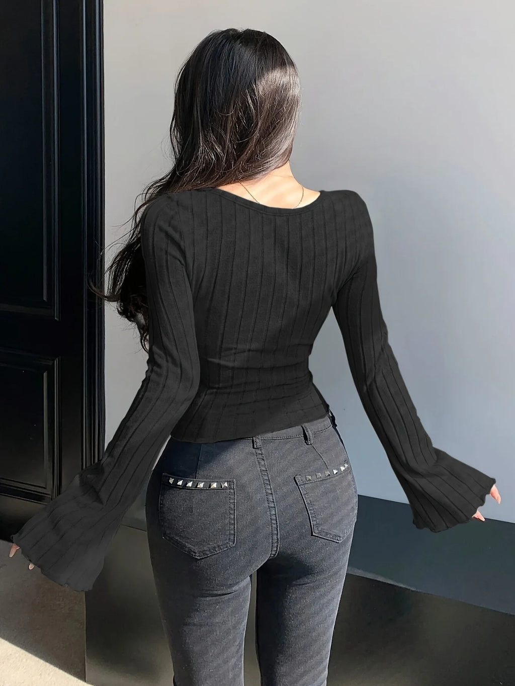 Damen Strick-Top Quadratischer Ausschnitt Langarm Überkreuzte Träger Gerippt Schmale Passform Casual – T-Shirt Streetwear Herbst Winter | Mode