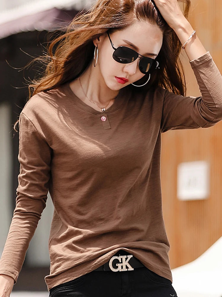 T-Shirt Coton Slub Manches Longues Col V Boutons - Style Korean Loose Casual Printemps