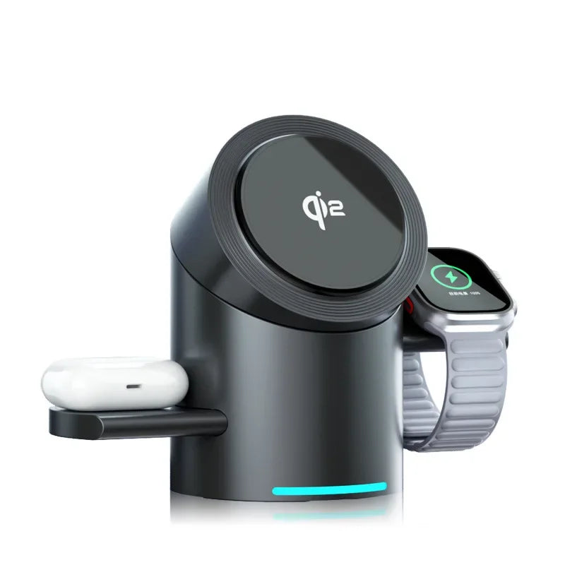 Chargeur Qi2 3-en-1 Multifonction Tactile Rotatif – iPhone 16 15 14 Pro Max iWatch Écouteurs