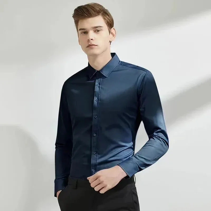 Chemise Homme Manches Longues Élastique Col Mao Sans Repassage – Tenue Professionnelle Business Dress Élégante | Mode Homme Premium