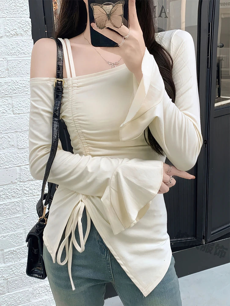 Damen Off-Shoulder-Oberteil Weiß mit Band Kordelzug Glockenärmel Elegant – Sexy Romantischer Body | Casual Chic