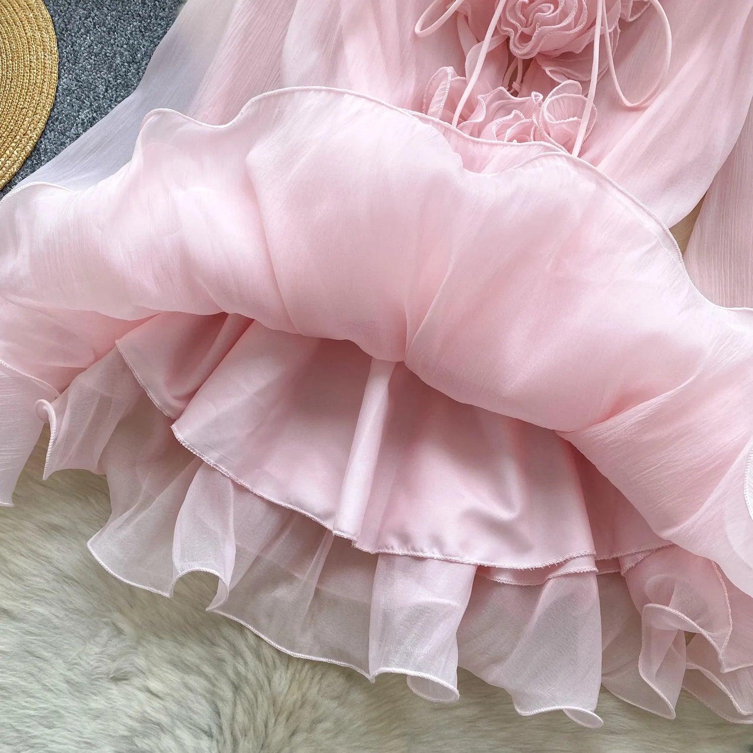 Robe Courte Femme Fleurs 3D Manches Longues Laçage Volants Mousseline – Vintage Bohème Sexy | Plage Été