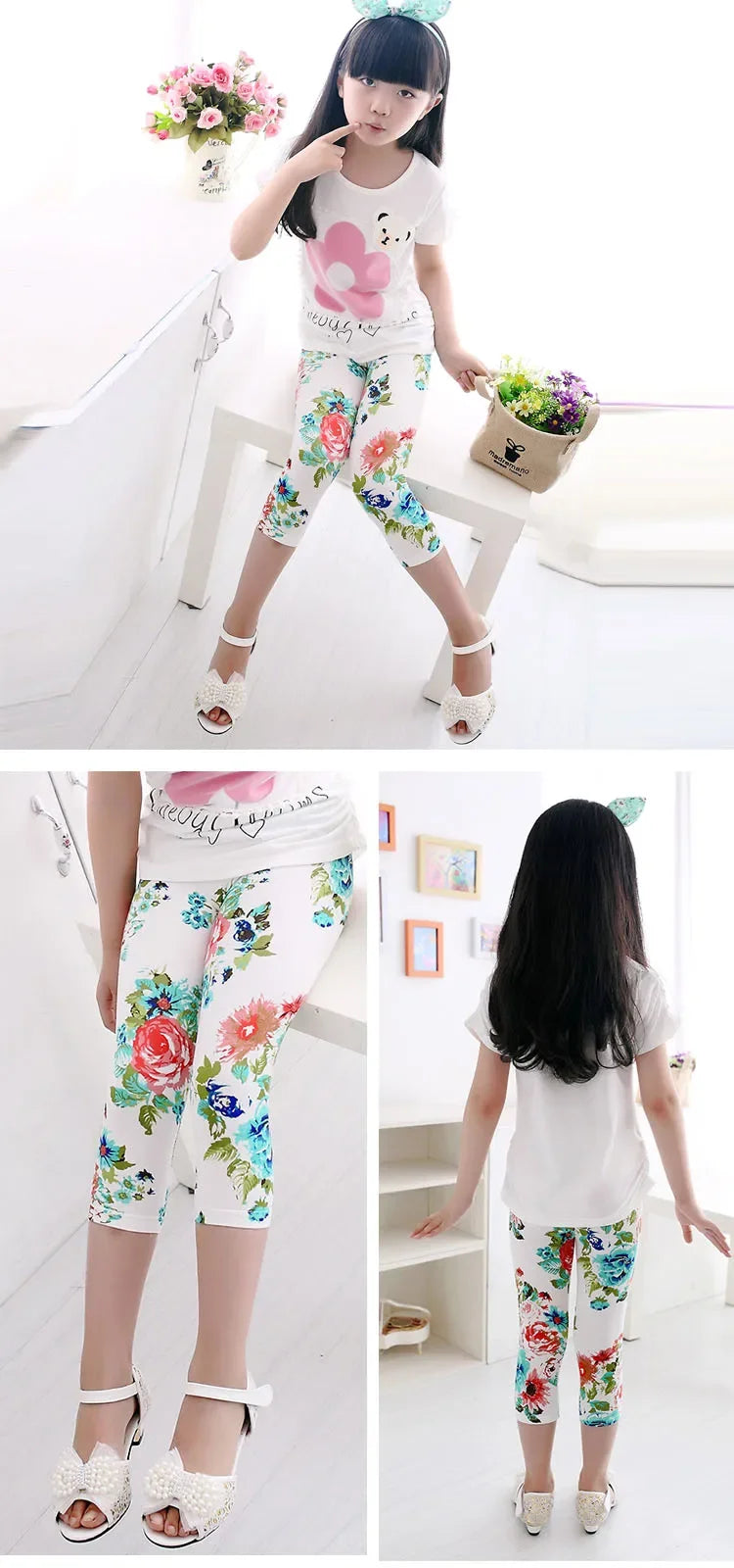 Legging Corsaire Fille Imprimé Fleurs – Pantalon Skinny Stretch Enfant Toutes Tenues 3-10 Ans