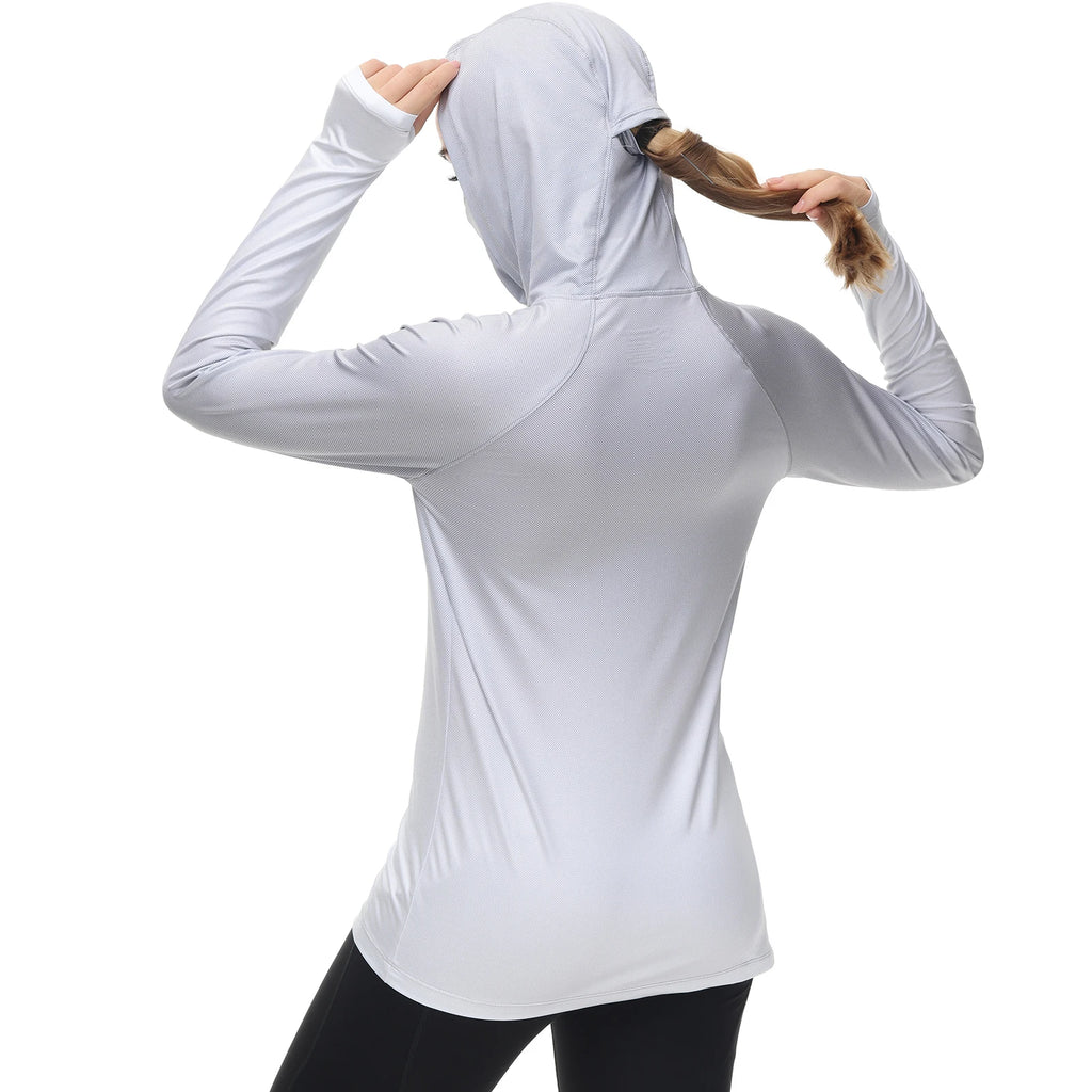 Bassdash Hoodie Anti-UV UPF 50+ Damen – Integrierte Gesichtsbedeckung & Daumenlöcher | Schnelltrocknend & Atmungsaktiv | Angeln, Wandern & Radfahren