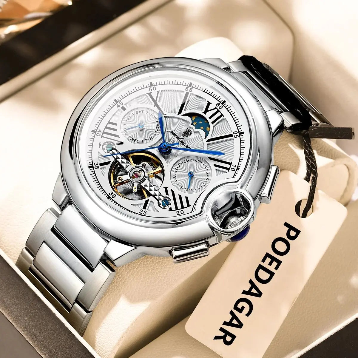 Montre Homme POEDAGAR Tourbillon Automatique Militaire – Acier Date Semaine Étanche
