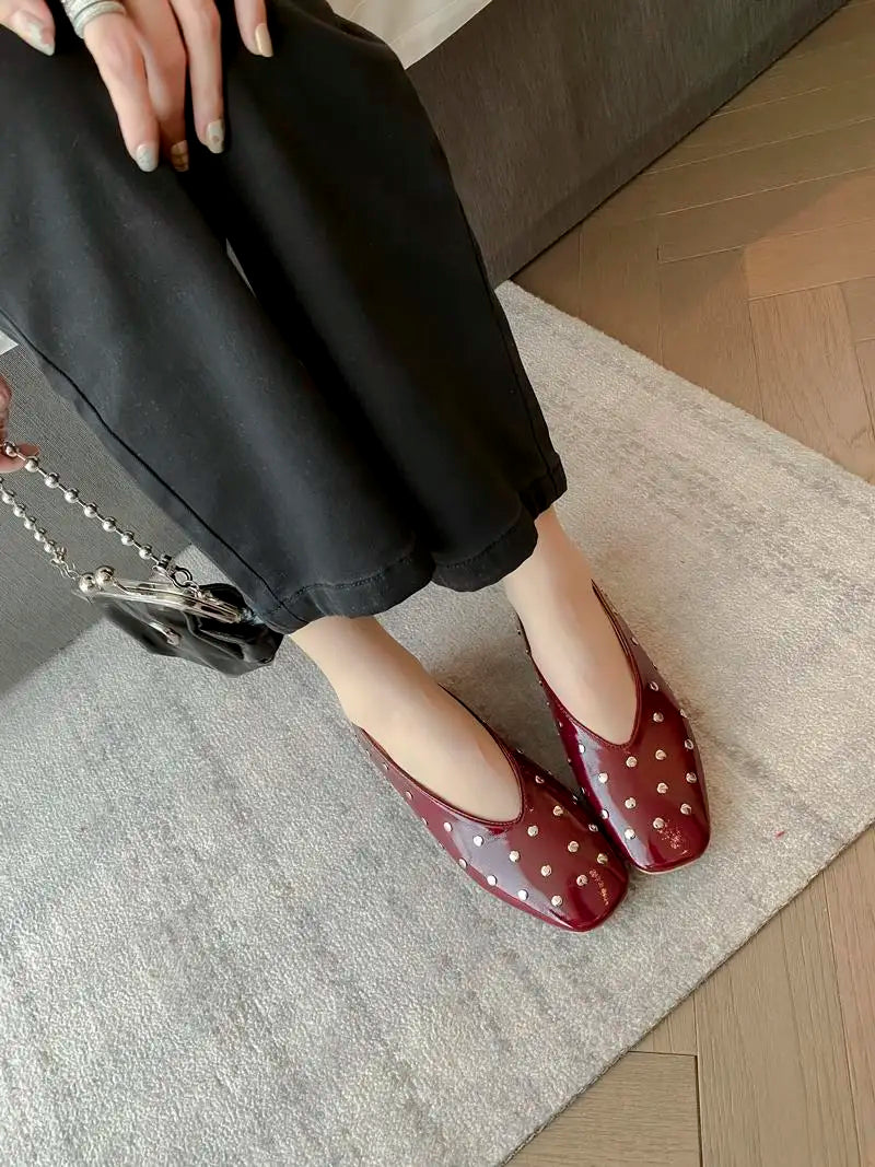 MORAZORA Ballerines Rivets Bout Carré Slip-on – Loafers Femme Noir Rouge Tailles 34-43