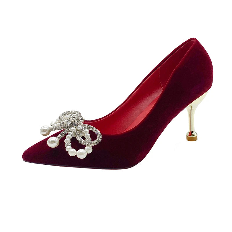 Chaussures Mariée Perle Talon Épais Bout Pointu – Xiuhe Robe Mariage Confortables