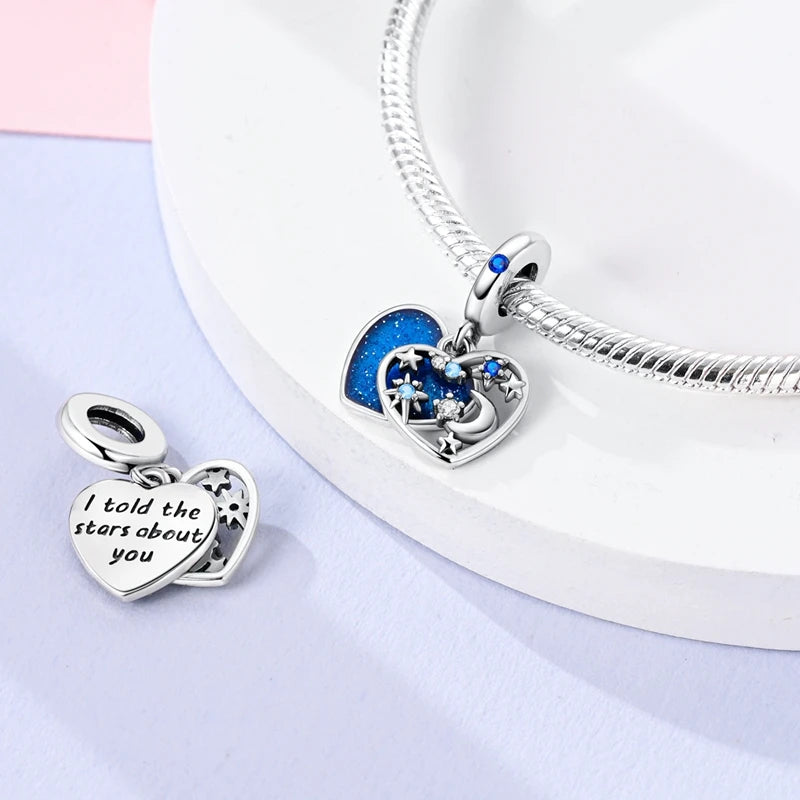 Charm Argent 925 Bleu Rotatif – Œil Démon, Main, Lune & Ciel Étoilé | Perle Pendentif Bracelet Femme | Bijou Spirituel & Mystique