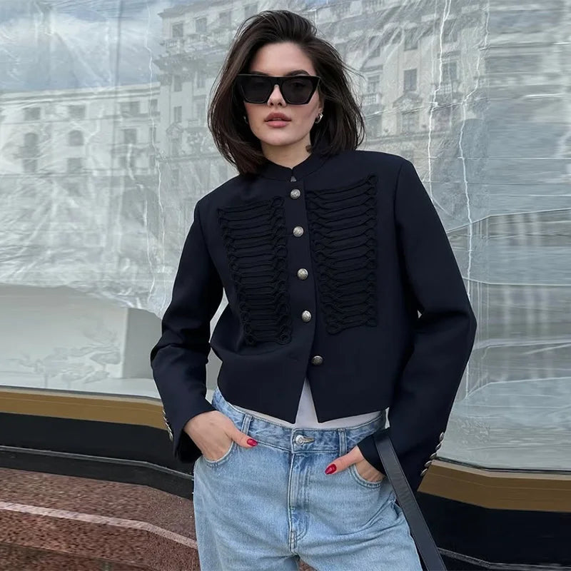 Veste Femme Velours Noir Franges Boutons Nœuds Ourlet Asymétrique Manches Longues Slim – Élégante Streetwear & Bureau