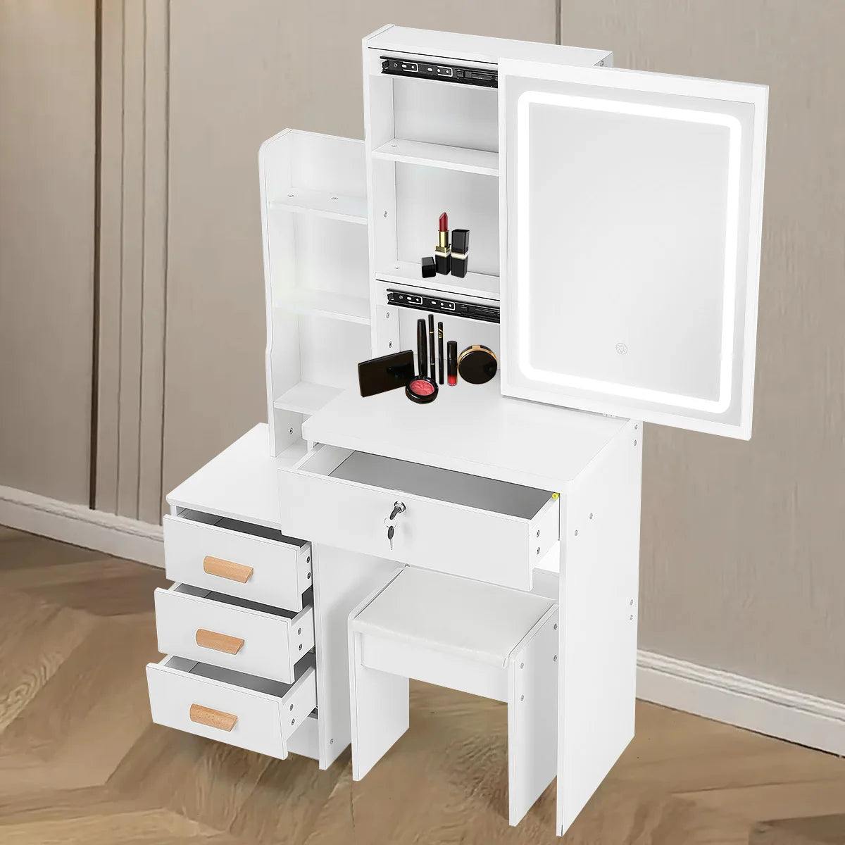 Coiffeuse avec Miroir & Tabouret Blanc – Tiroirs & Étagères Ouvertes | Bureau Maquillage Chambre