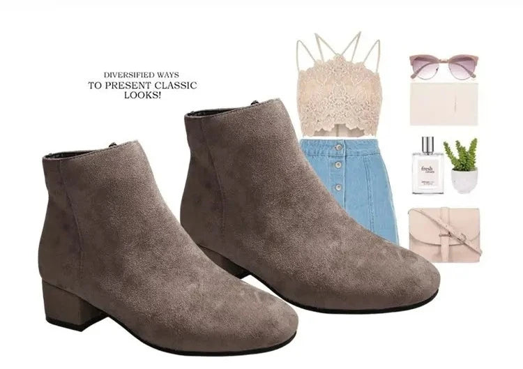 Bottines Suède Chunky Heel Snow Goth Femme – Mi-Talon Tendance Walking Élégant Automne