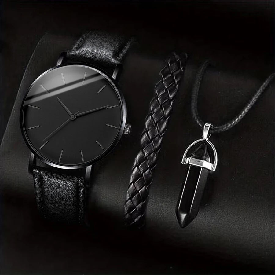 Coffret 3 Pièces Homme Montre Quartz Cuir + Bracelet + Collier – Set Business Fashion Élégant