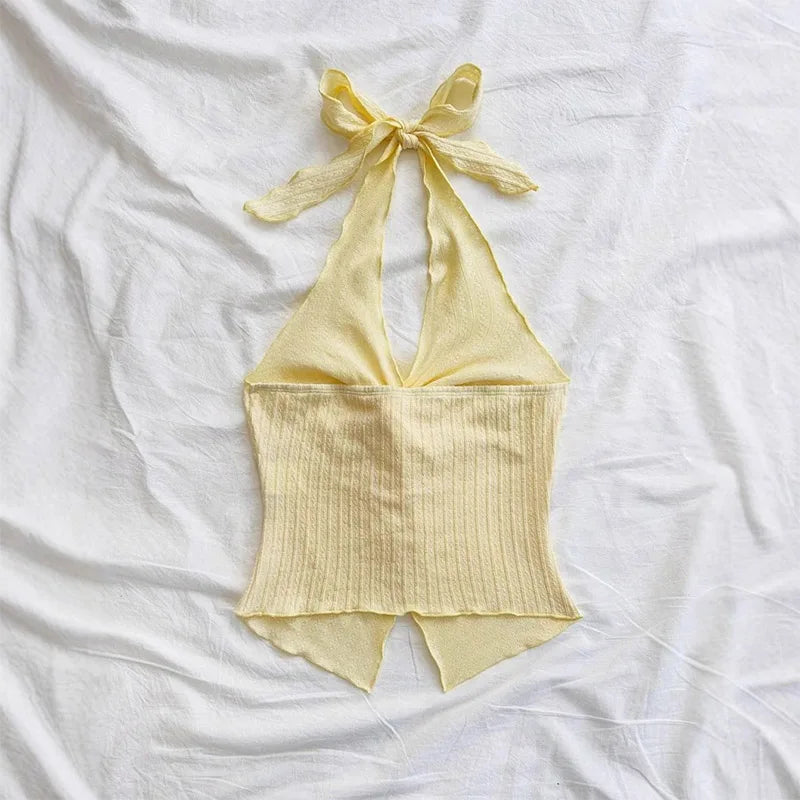 Crop Top Halter Y2K Jaune Col V Sans Dos - Streetwear Sexy Femme Été