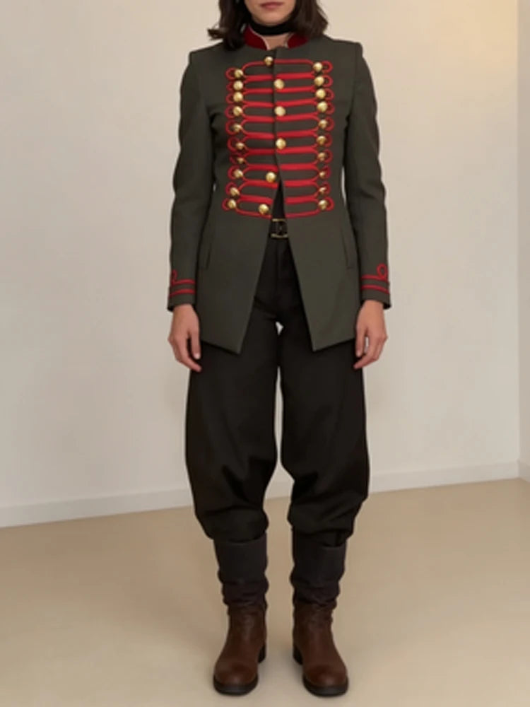 Veste Courte Femme Style Militaire Napoléon Vert Kaki Col Droit Boutonnage Simple – Chic Rétro High Street