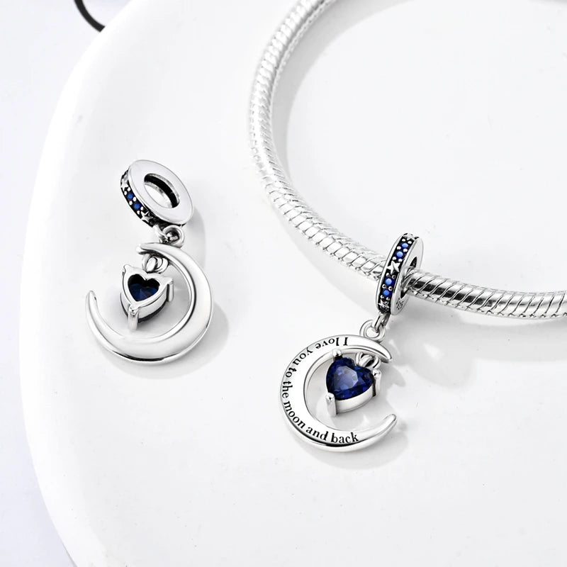 Charm Argent 925 Bleu Rotatif – Œil Démon, Main, Lune & Ciel Étoilé | Perle Pendentif Bracelet Femme | Bijou Spirituel & Mystique