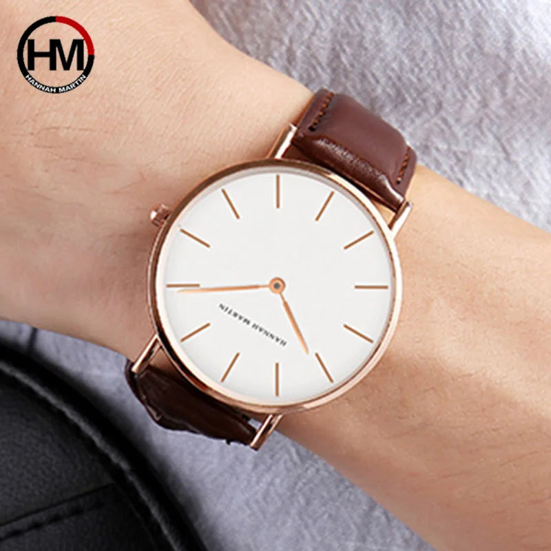 Montre Homme Hannah Martin Quartz Japonais – Bracelet Cuir Marron Argenté Étanche Fashion