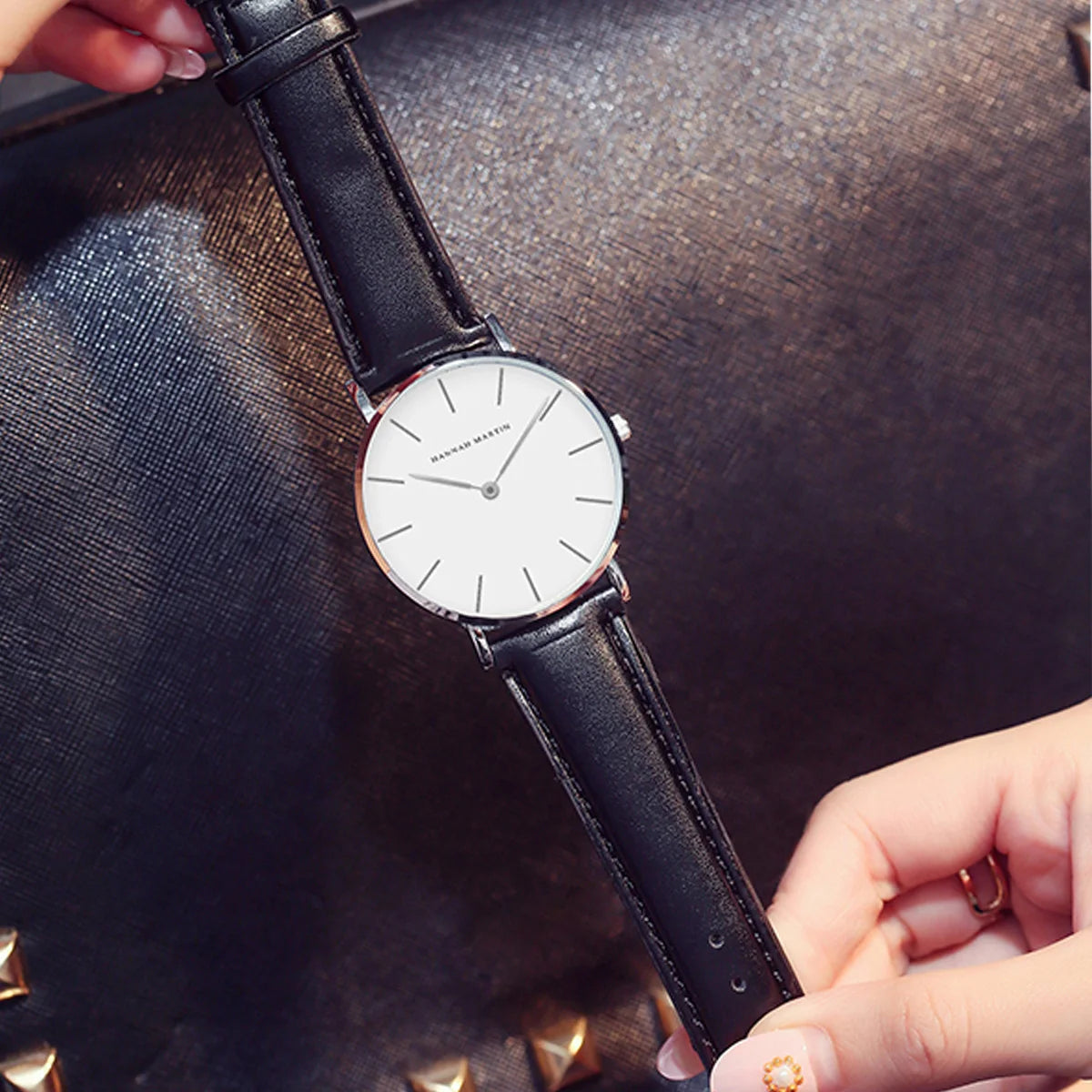 Montre Femme Luxe HANNAH MARTIN Ultra-Fine 36mm Cuir Or Rose – Étanche Élégante Fashion